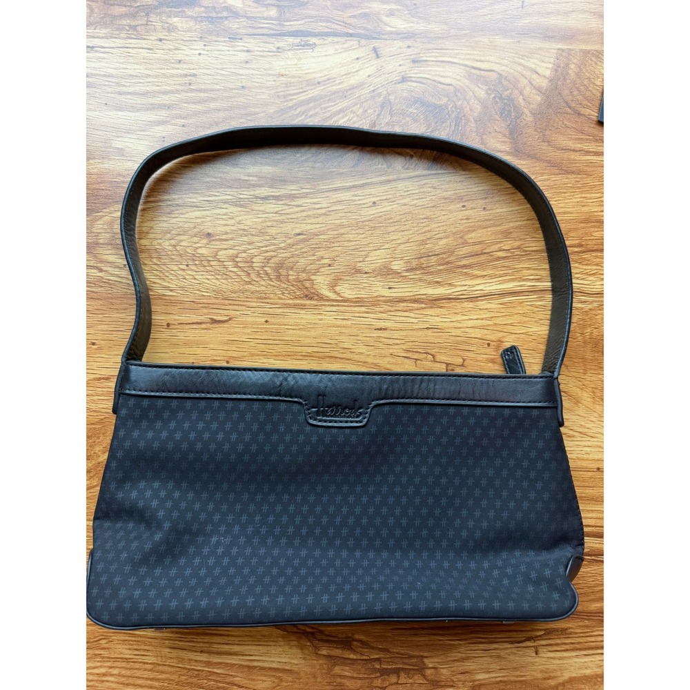Vintage Harrods Knightsbridge Black Monogram Fabric Leather Trim Shoulder Bag